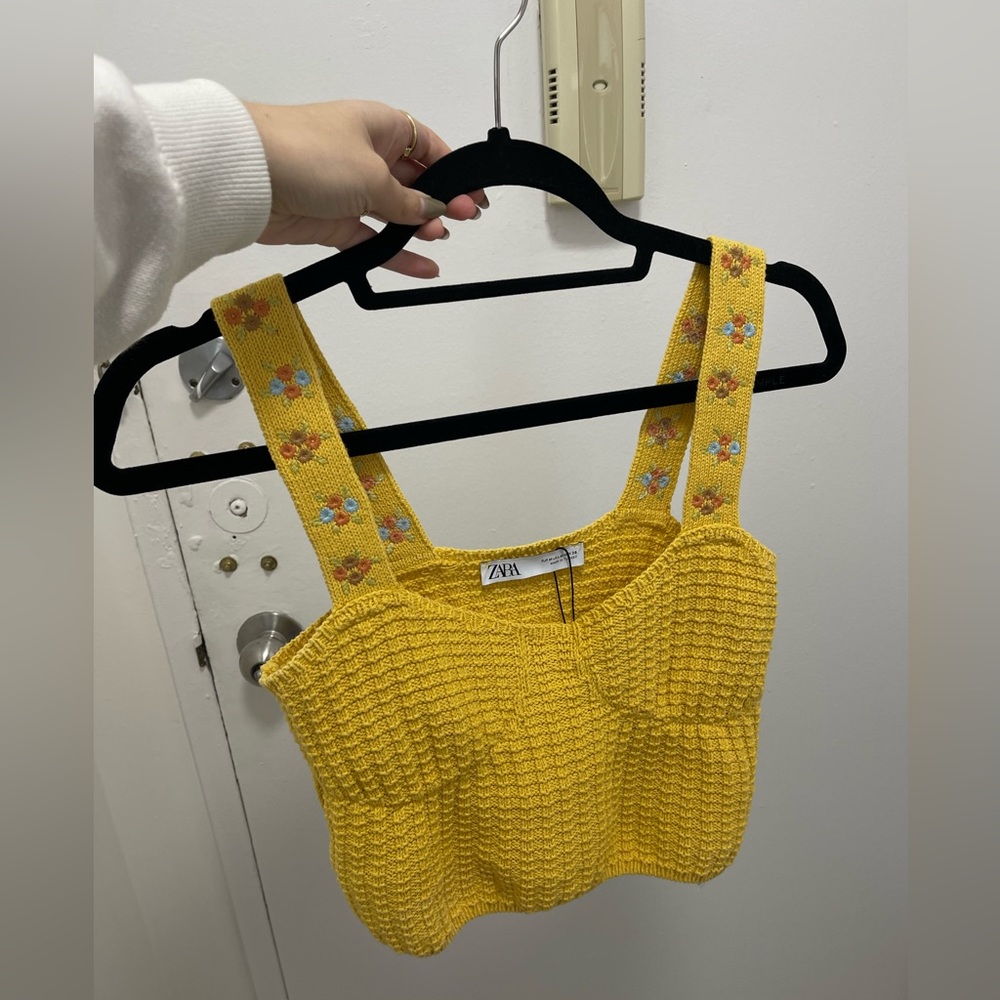 Zara yellow crochet top with floral strap detailing